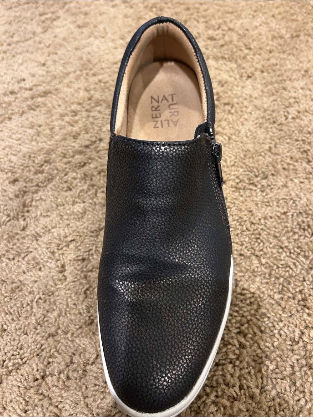 Naturalizer Black/Broze Slip-On Loafer with White Sole, Side Zip
